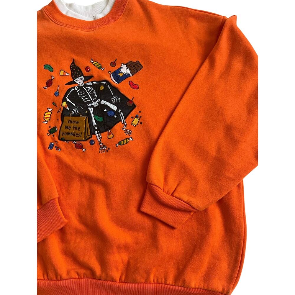 Vintage 90s Orange Crewneck Sweatshirt Embroidery Skeleton Witch Halloween Retro